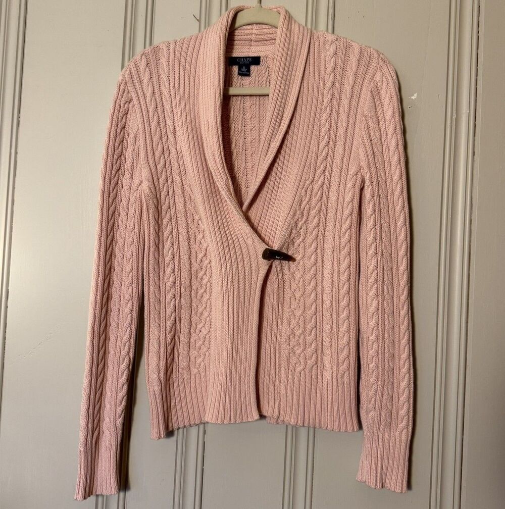 Chaps Cardigan Shawl Collar Cotton Cable Knit Sweater Sz S Shell Pink Old Money